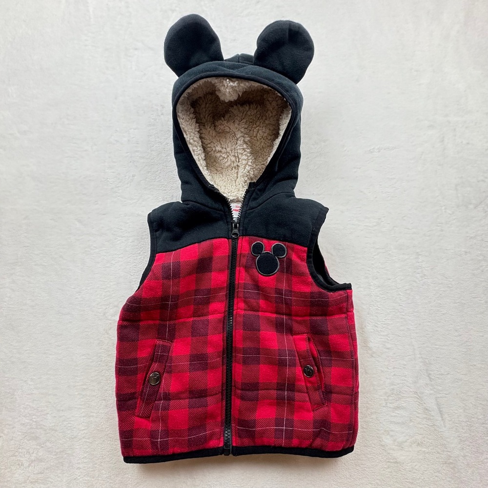 Disney Mickey Mouse Toddler 3T Vest‎ Red Plaid Hooded Sherpa Lined Cozy Playful
